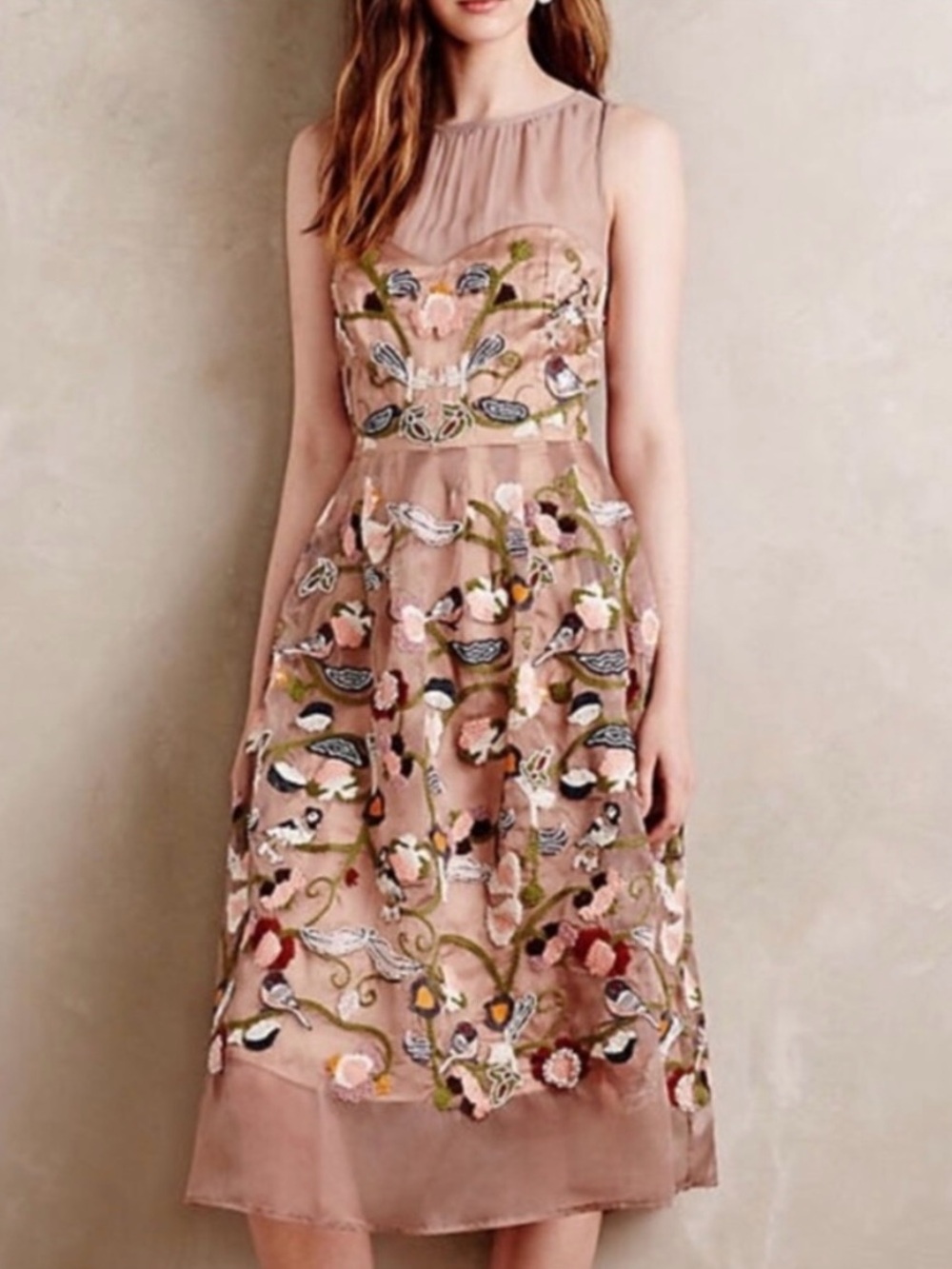 Anthropologie Moulinette Soeurs Blush Floral Embroidered Midi Dress
